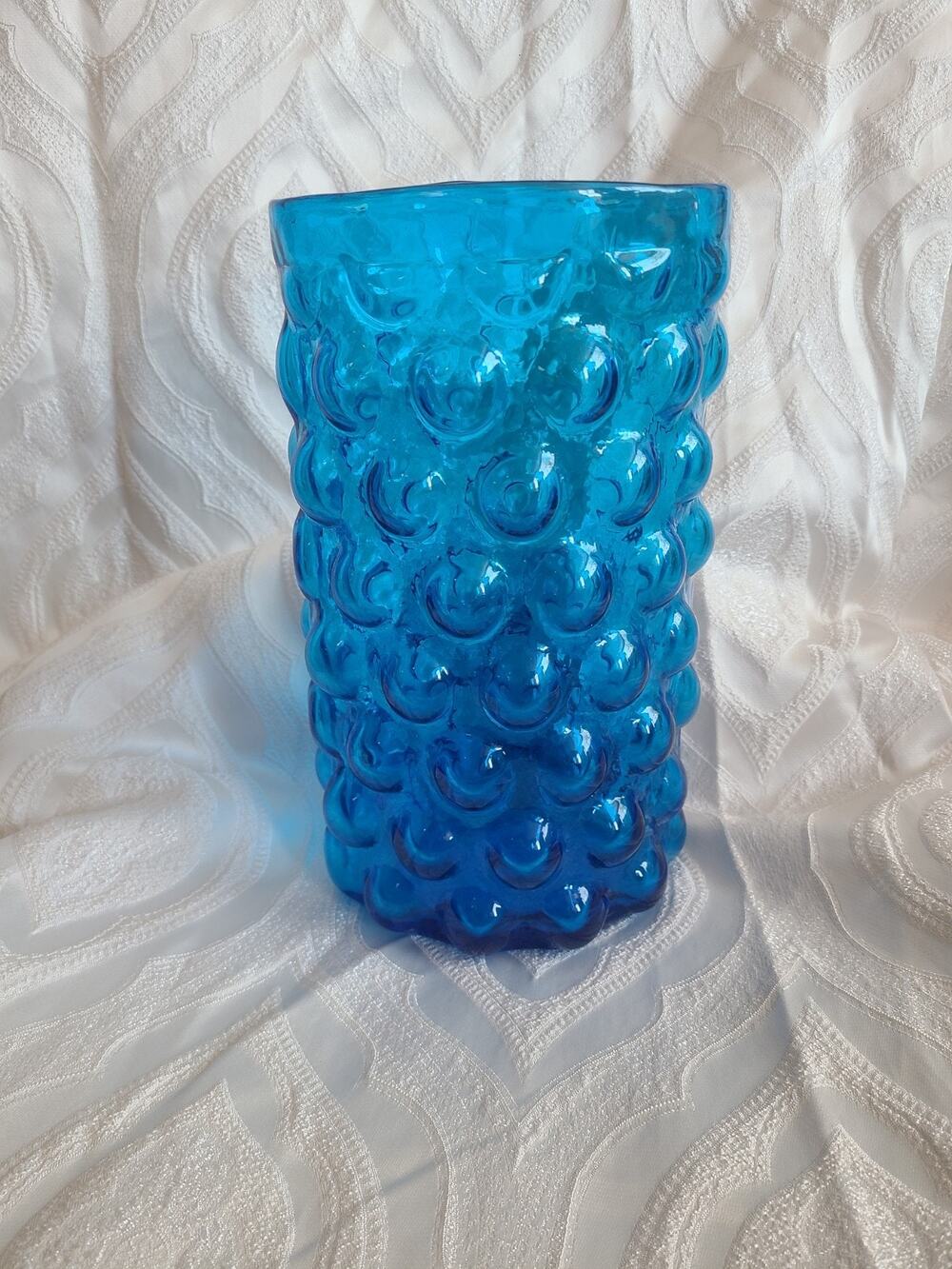 Vintage MCM 1960s Blenko signed blue bubble glass hobnail vase